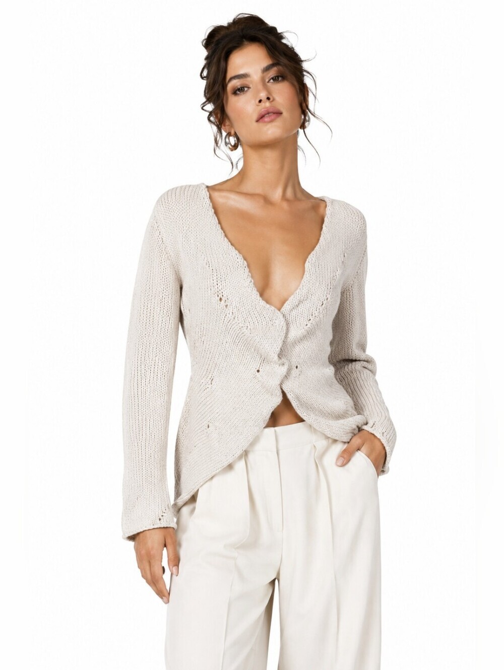Lilith Paris Distressed Knit Cardigan Cream Avant Garde Cotton Blend XS